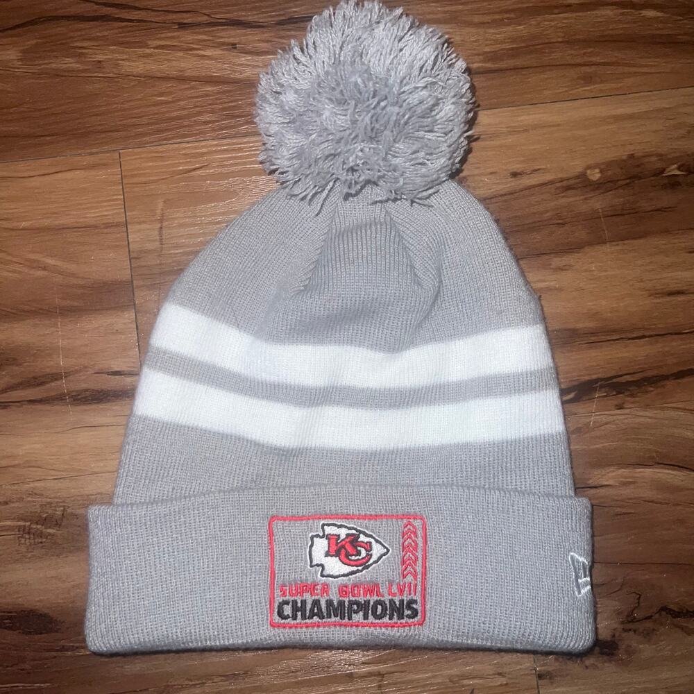 Kansas City Chiefs Super Bowl LVII Champions Beanie Gray Striped Pom Winter Hat